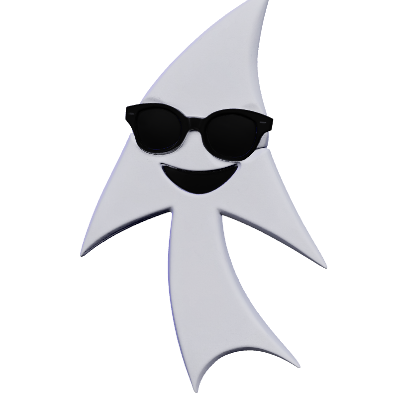 Flee — la inteligencia residente de CAMOS, un cursor viviente con gafas de sol negras y una sonrisa